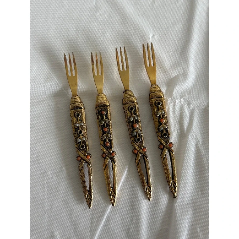 Vintage Set of 4 Ornate Gold Tone Cocktail Appetizer Forks Faux Pearl Coral Bead